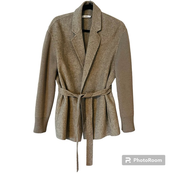 Vince Gray Wool Blend Ribbed Sleeve Belted Easy Cardigan Jacket Grey Large - Picture 1 of 6